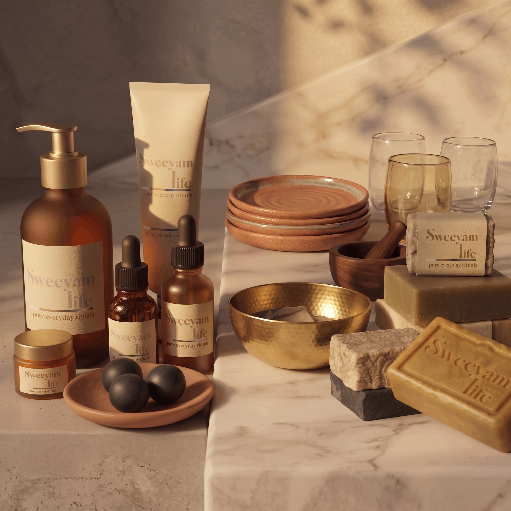 Sweeyam Life brand-world overview showing a coordinated family of lifestyle and self-care products