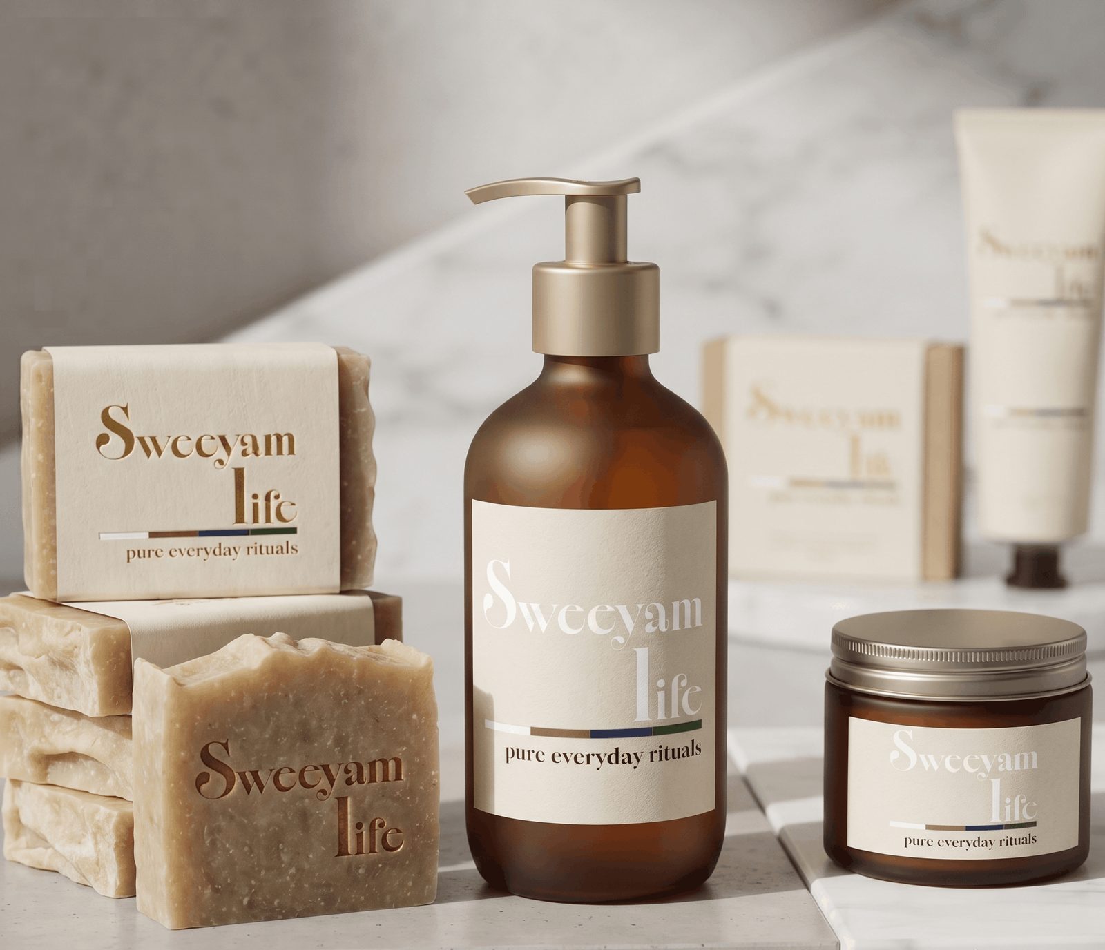 Sweeyam Life solid-care platform with coordinated soap formats and packaging